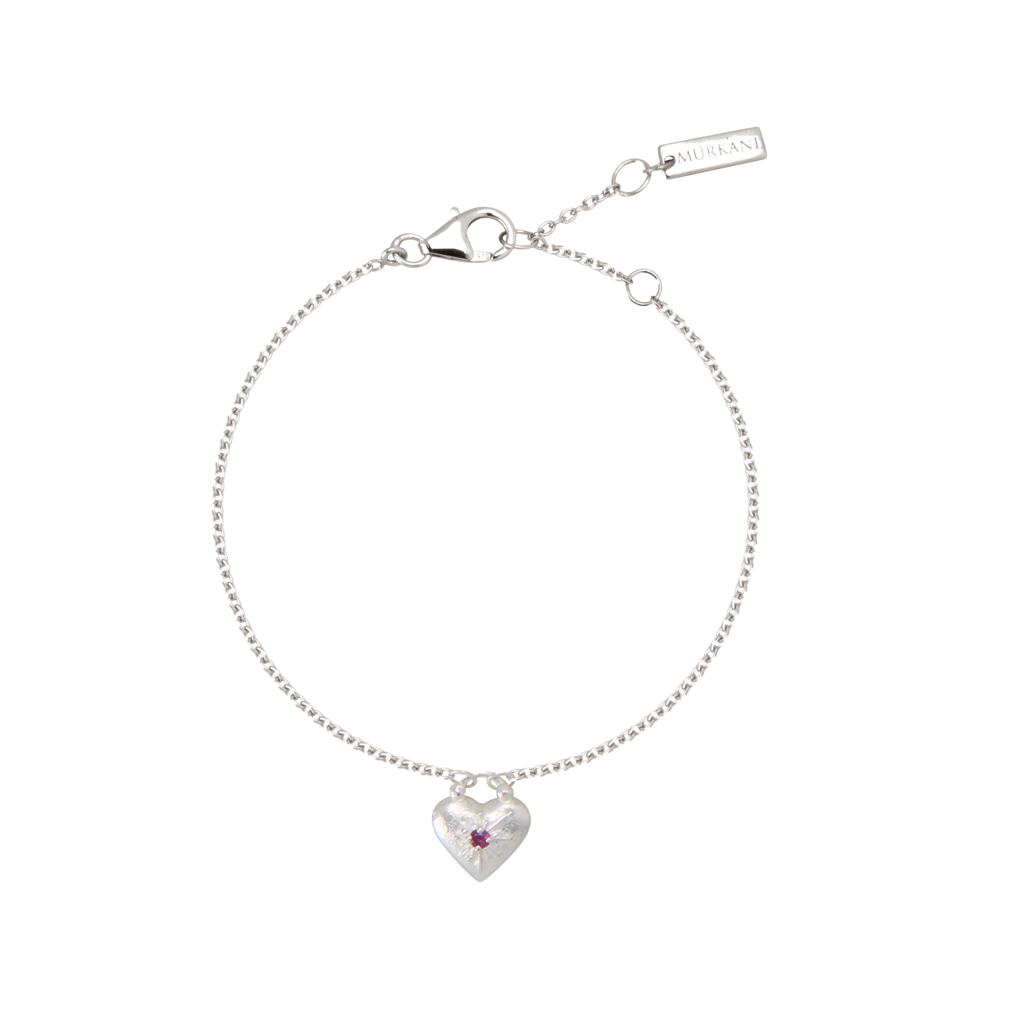 Silver bracelet with a heart-shaped charm on a white background
